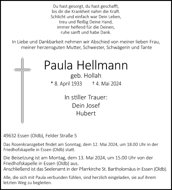 Anzeige von Paula Hellmann von OM-Medien