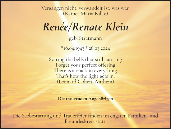 Anzeige von Renee Renate Klein von OM-Medien
