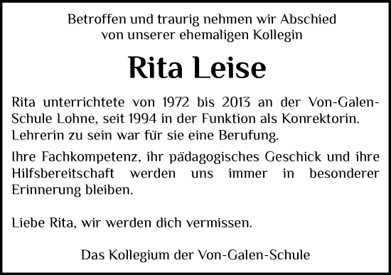 Anzeige von Rita Leise von OM-Medien