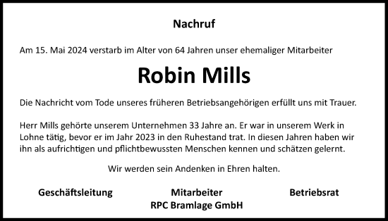 Anzeige von Robin Mills von OM-Medien