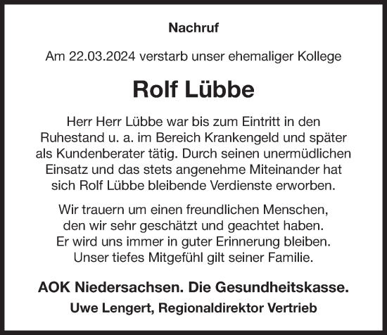 Anzeige von Rolf Lübbe von OM-Medien
