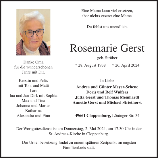 Anzeige von Rosemarie Gerst von OM-Medien