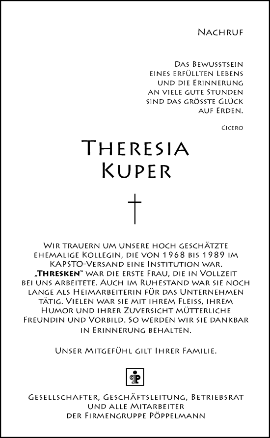 Anzeige von Theresia Kuper von OM-Medien
