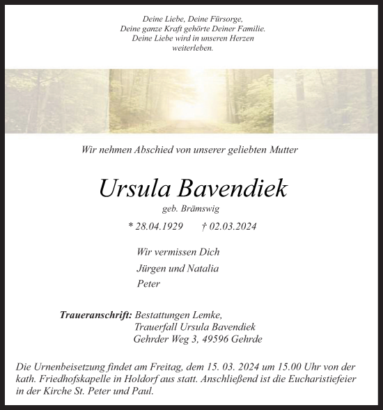 Anzeige von Ursula Bavendiek von OM-Medien