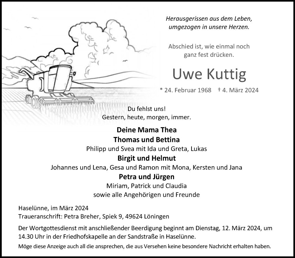  Traueranzeige für Uwe Kuttig vom 09.03.2024 aus OM-Medien