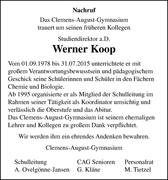 Anzeige von Werner Koop von OM-Medien