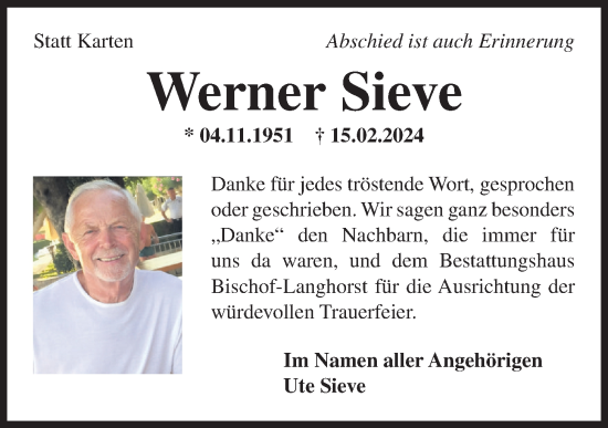 Anzeige von Werner Sieve von OM-Medien