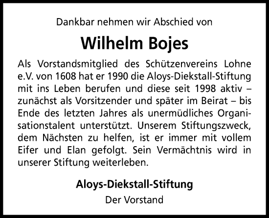 Anzeige von Wilhelm Bojes von OM-Medien