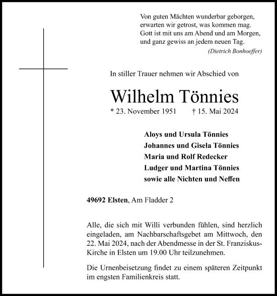 Anzeige von Wilhelm Tönnies von OM-Medien