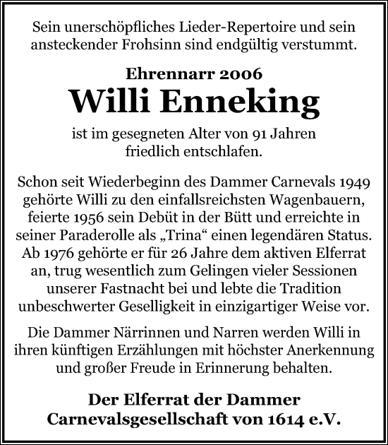 Anzeige von Willi Enneking von OM-Medien