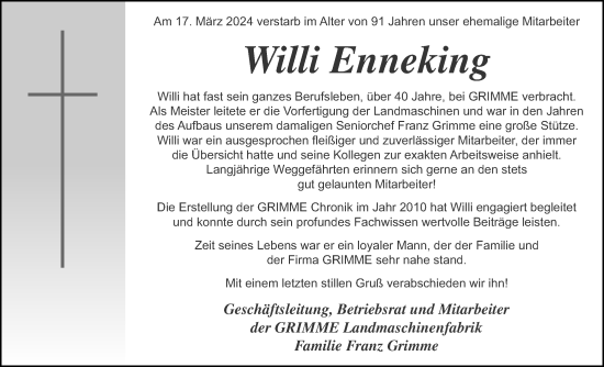 Anzeige von Willi Enneking von OM-Medien