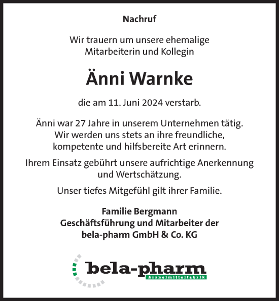 Anzeige von Änni Warnke von OM-Medien