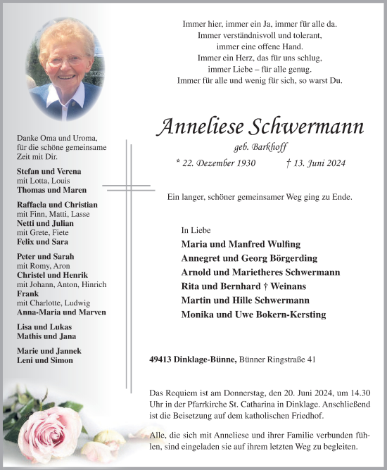 Anzeige von Anneliese Schwermann von OM-Medien