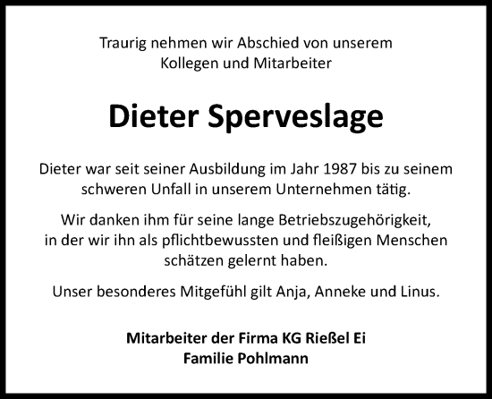 Anzeige von Dieter Sperveslage von OM-Medien