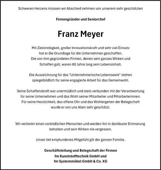 Anzeige von Franz Meyer von OM-Medien
