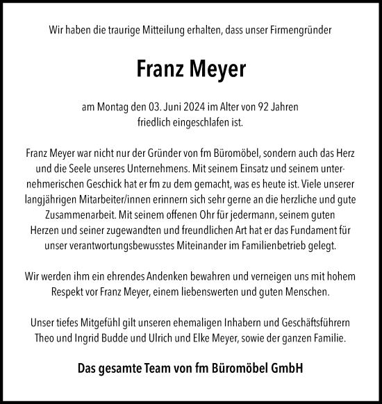 Anzeige von Franz Meyer von OM-Medien