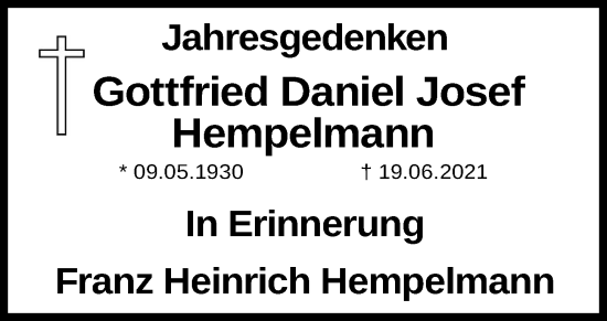 Anzeige von Gottfried Daniel Josef Hempelmann von OM-Medien