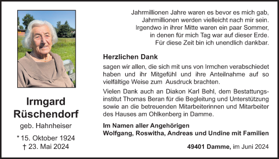 Anzeige von Irmgard Rüschendorf von OM-Medien