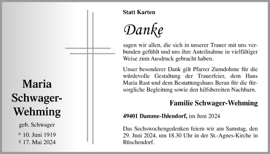 Anzeige von Maria Schwager-Wehming von OM-Medien