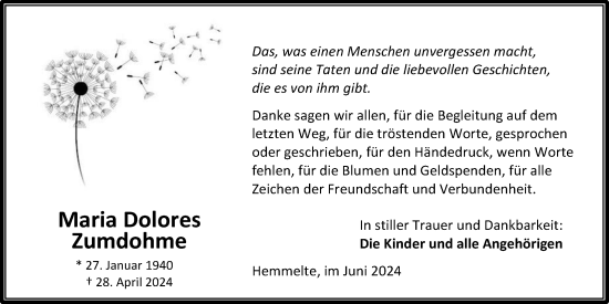 Anzeige von Maria Dolores Zumdohme von OM-Medien