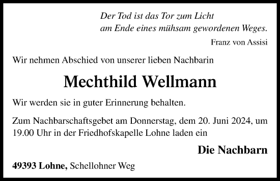 Anzeige von Mechthild Wellmann von OM-Medien