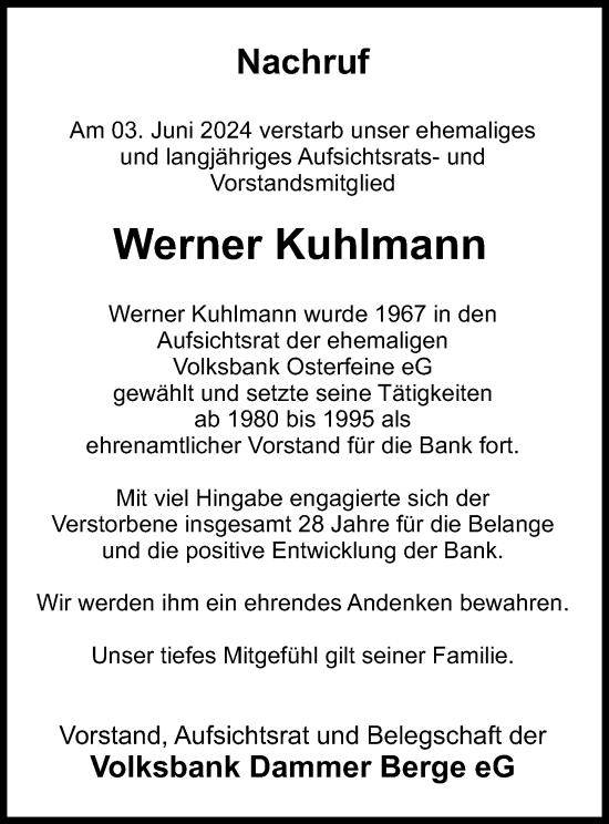 Anzeige von Werner Kuhlmann von OM-Medien
