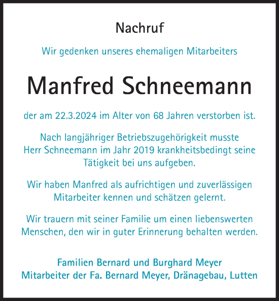 Anzeige von Manfred Schneemann von OM-MEDIEN