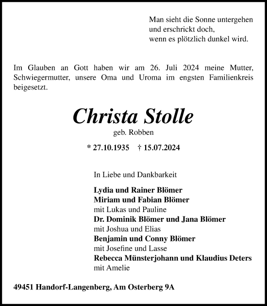 Anzeige von Christa Stolle von OM-Medien