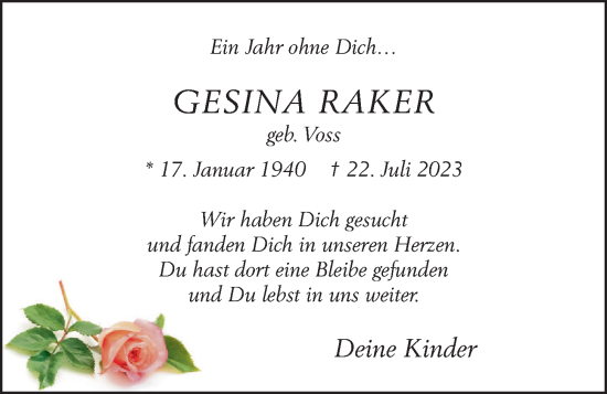Anzeige von Gesina Raker von OM-Medien