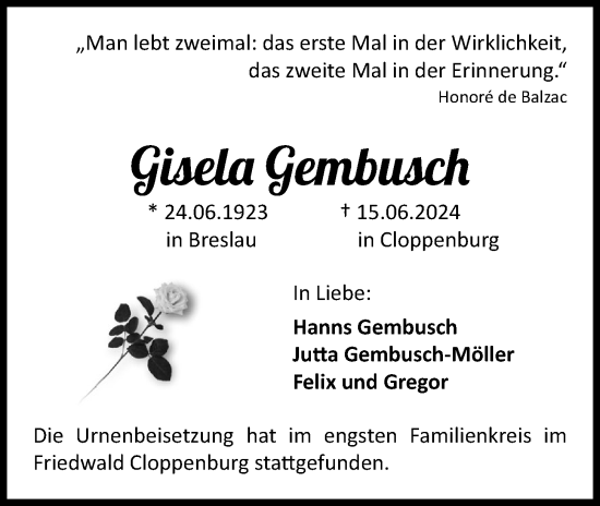 Anzeige von Gisela Gembusch von OM-Medien