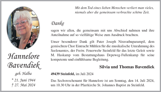 Anzeige von Hannelore Bavendiek von OM-Medien