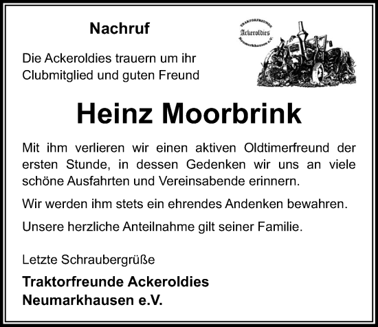 Anzeige von Heinz Moorbrink von OM-Medien
