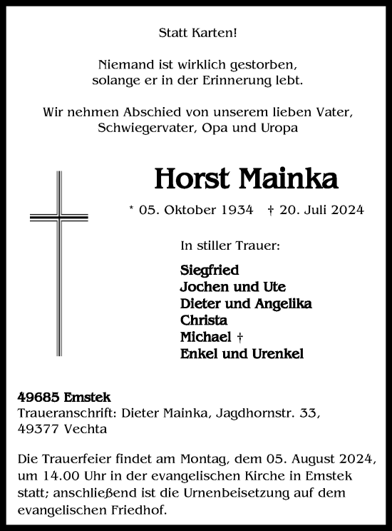 Anzeige von Horst Mainka von OM-Medien