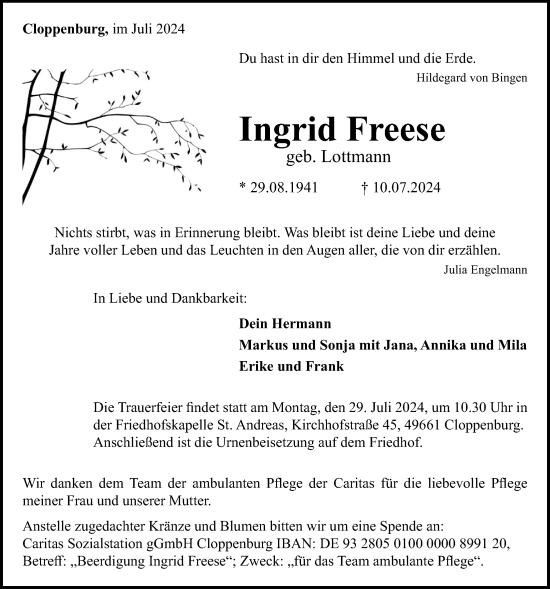 Anzeige von Ingrid Freese von OM-Medien