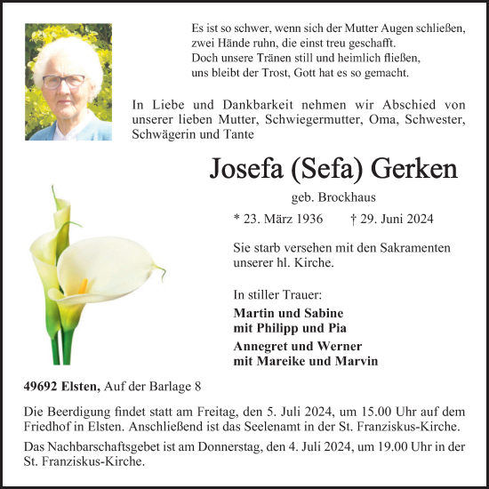 Anzeige von Josefa Gerken von OM-Medien