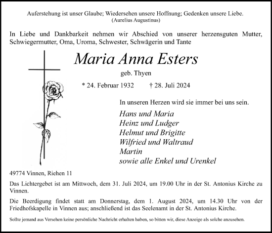 Anzeige von Maria Anna Esters von OM-Medien