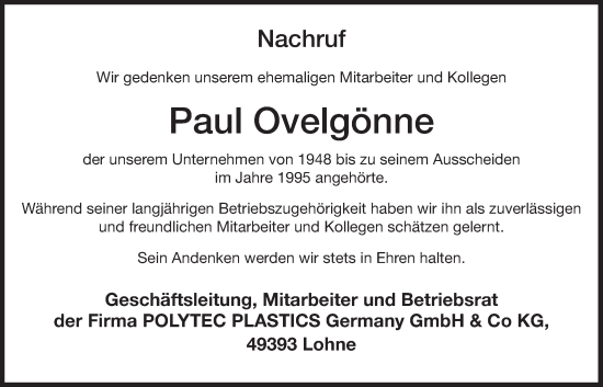 Anzeige von Paul Ovelgönne von OM-Medien