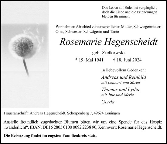 Anzeige von Rosemarie Hegenscheidt von OM-Medien