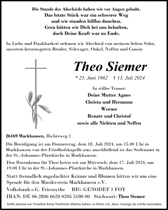 Anzeige von Theo Siemer von OM-Medien