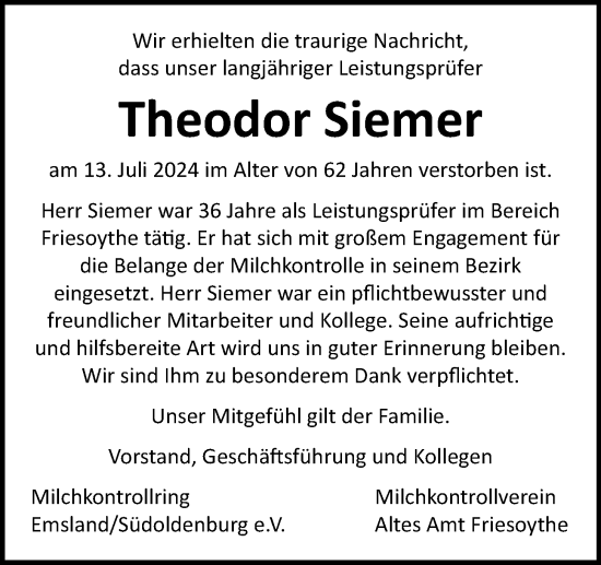 Anzeige von Theodor Siemer von OM-Medien