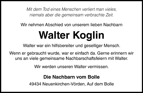 Anzeige von Walter Koglin von OM-Medien