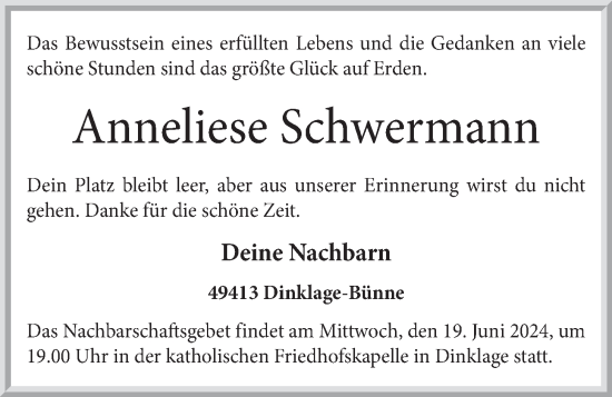 Anzeige von Anneliese Schwermann von OM-Medien