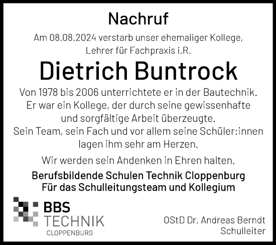 Anzeige von Dietrich Buntrock von OM-Medien