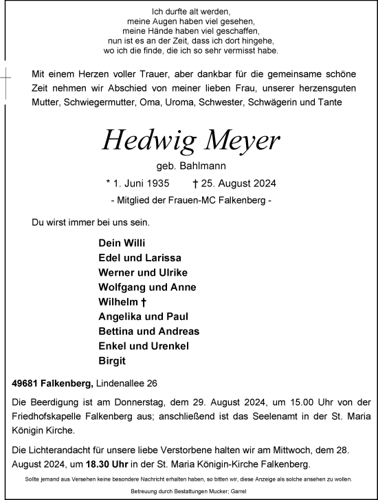Anzeige von Hedwig Meyer von OM-Medien
