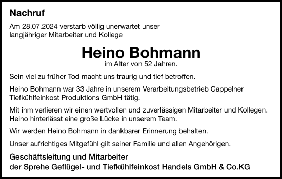 Anzeige von Heino Bohmann von OM-Medien