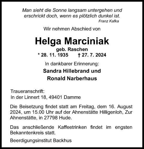 Anzeige von Helga Marciniak von OM-Medien