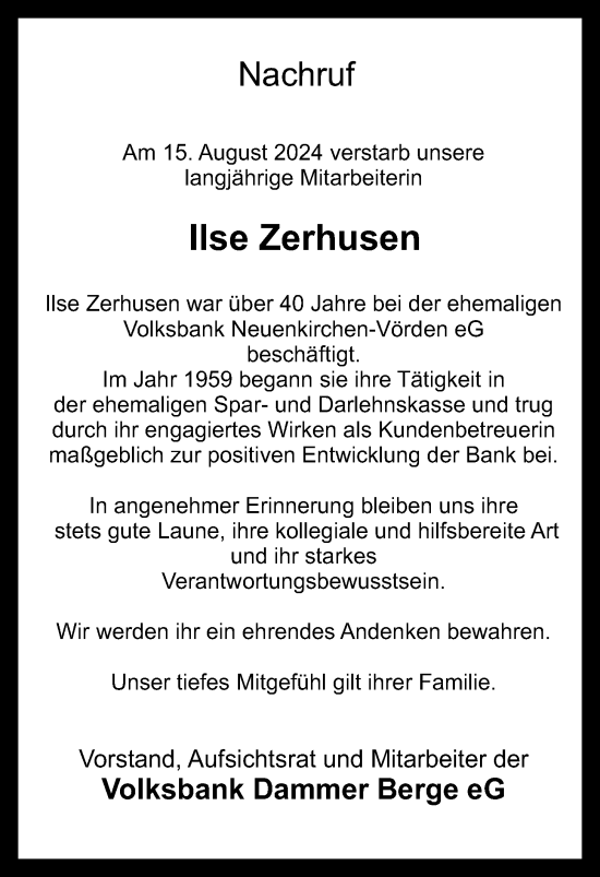 Anzeige von Ilse Zerhusen von OM-Medien