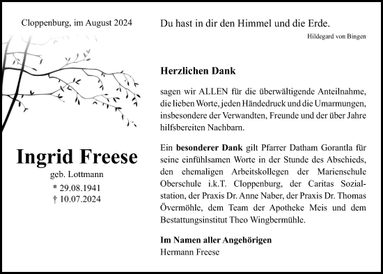 Anzeige von Ingrid Freese von OM-Medien