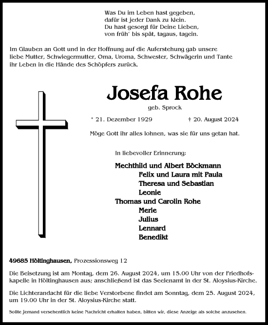 Anzeige von Josefa Rohe von OM-Medien