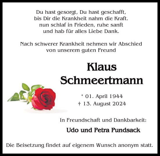 Anzeige von Klaus Schmeertmann von OM-Medien